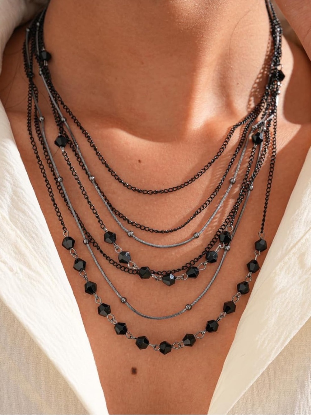 Anthropologie Layered Black Beaded Multi-Chain Necklace - Picture 4 of 6